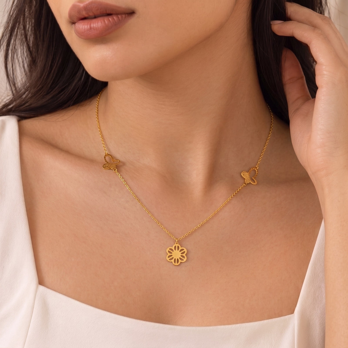 Gold Flower & Butterfly Necklace 22KT - FKJNKL22KU6674