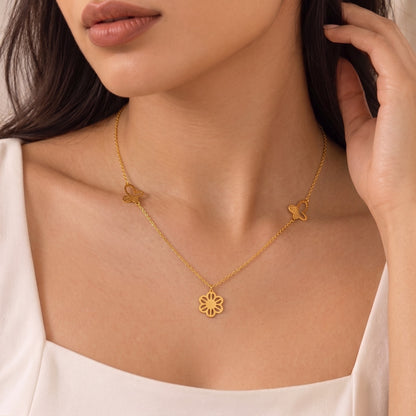 Gold Flower & Butterfly Necklace 22KT - FKJNKL22KU6674