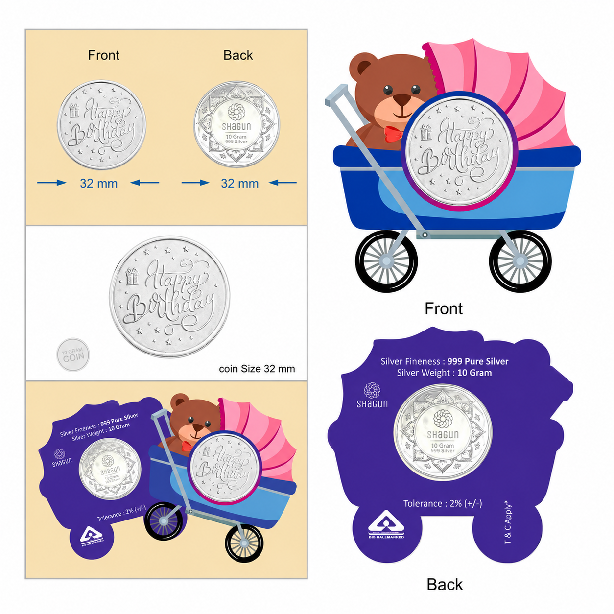 Happy Birthday Cart 10 Grams Silver Coin Acrylic Packing - FKJCONSL7002