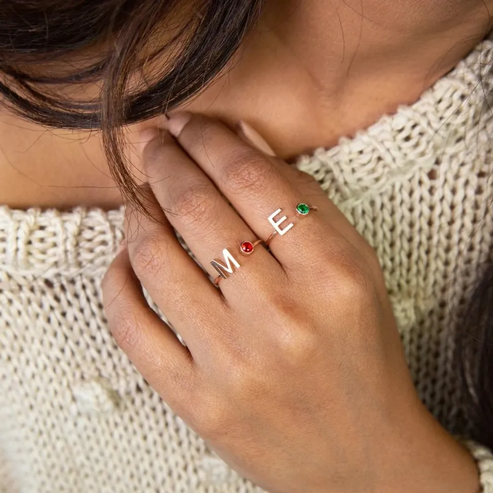 Gold & Silver Personalized Initial Letter Ring with Birthstone - FKJRNSLU6239