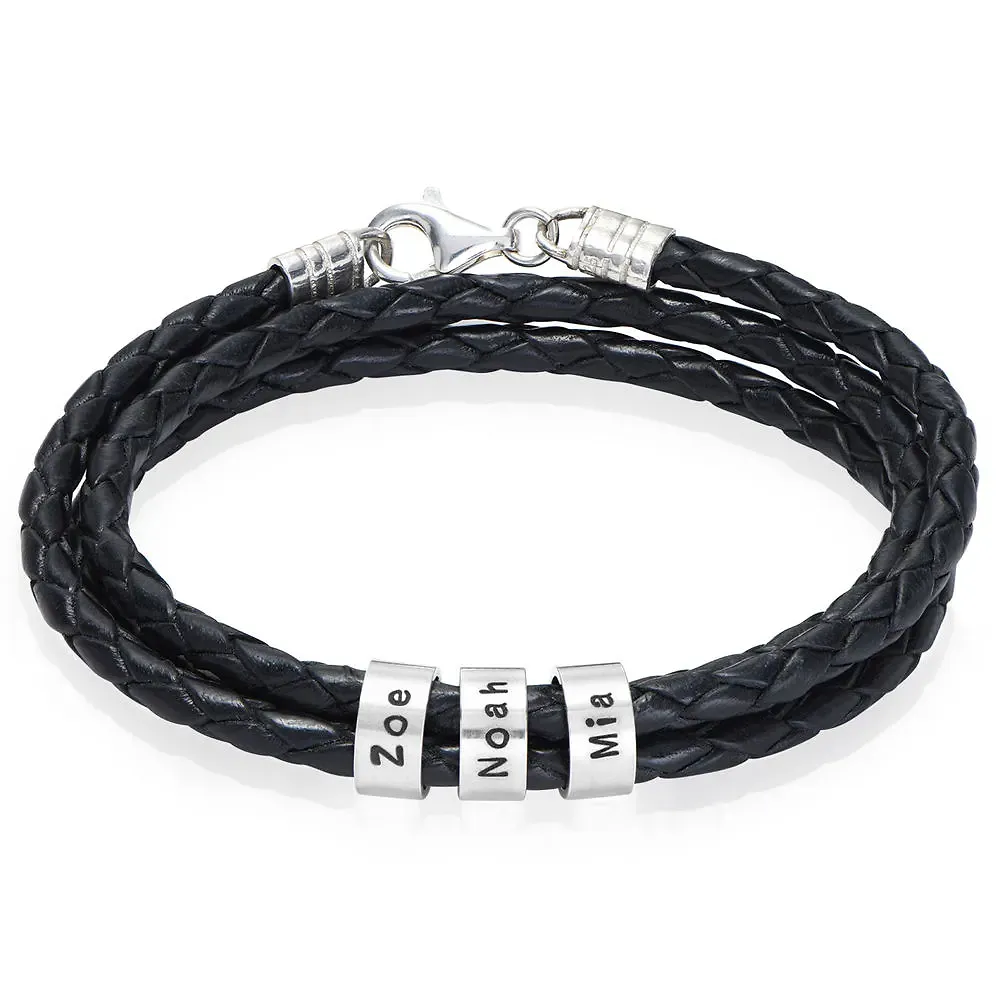 Gold & Silver Personalized Leather for Men with Small Custom Beads Bracelet - FKJBRLU6256