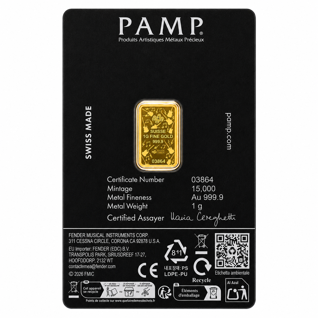 PAMP Suisse Fender 80th Anniversary 1 Gram Gold Bar 24KT - FKJGBR24K7059