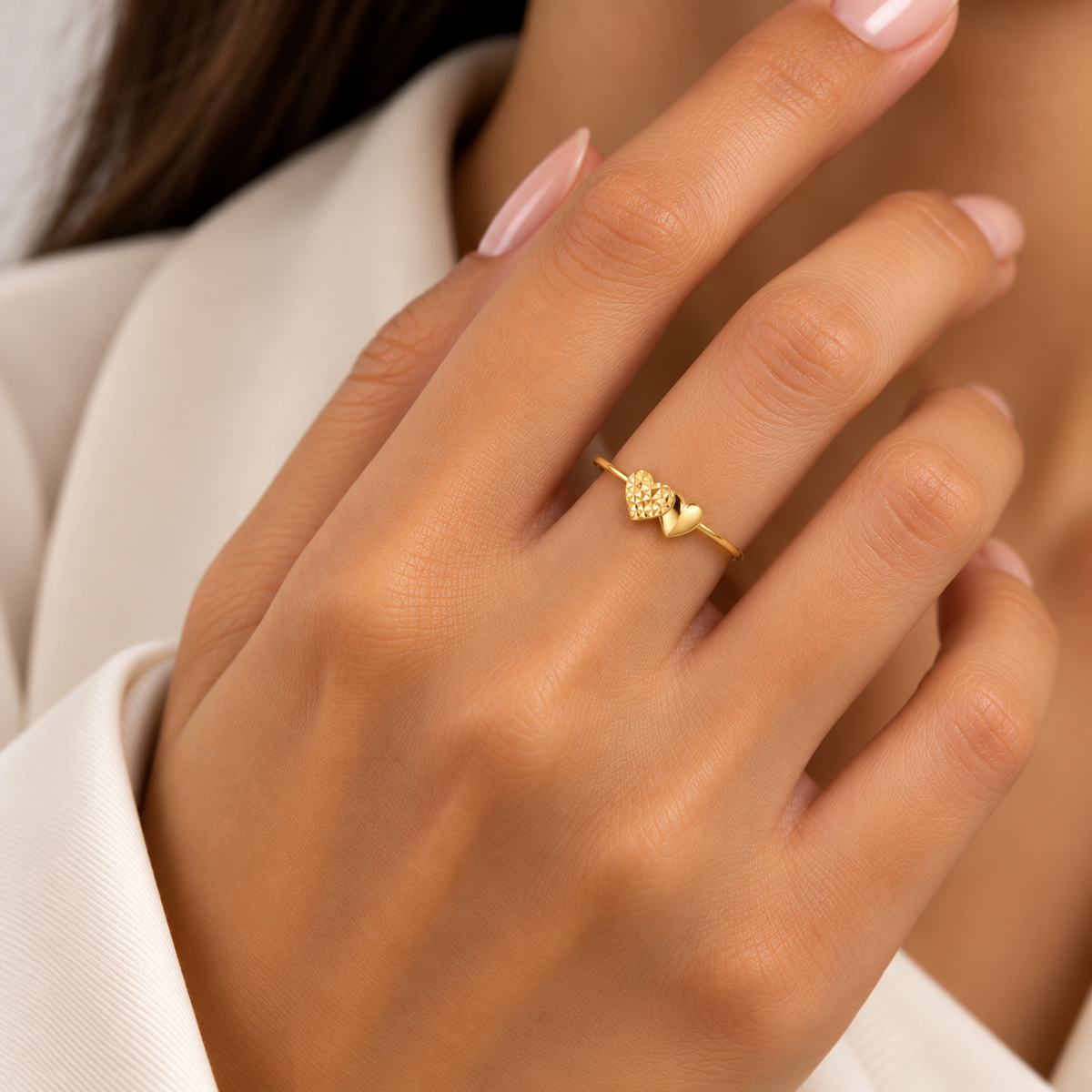 Gold Twin Heart Shaped Ring 18KT - FKJRN18KU6377