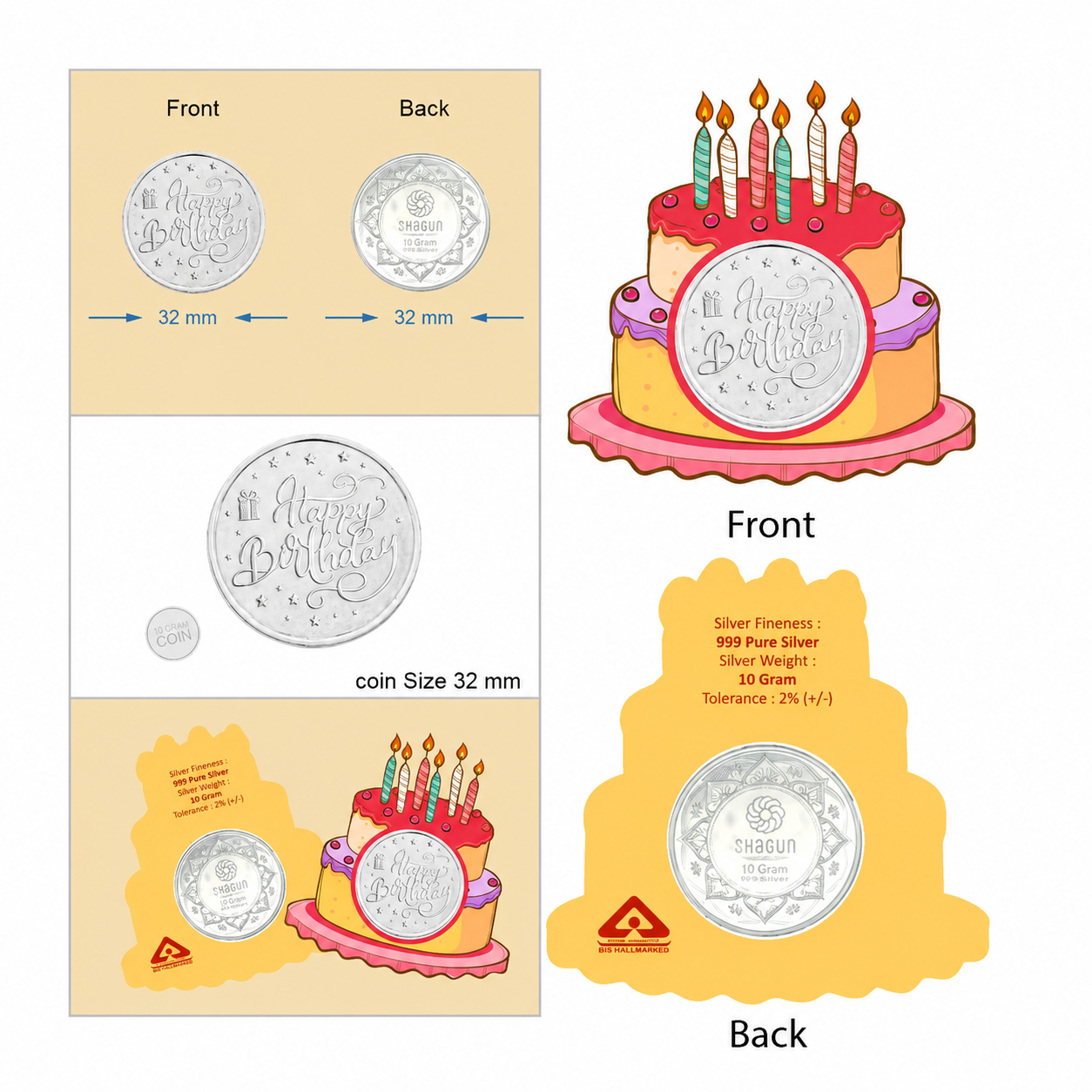 Happy Birthday Cake 10 Grams Silver Coin Acrylic Packing - FKJCONSL7007