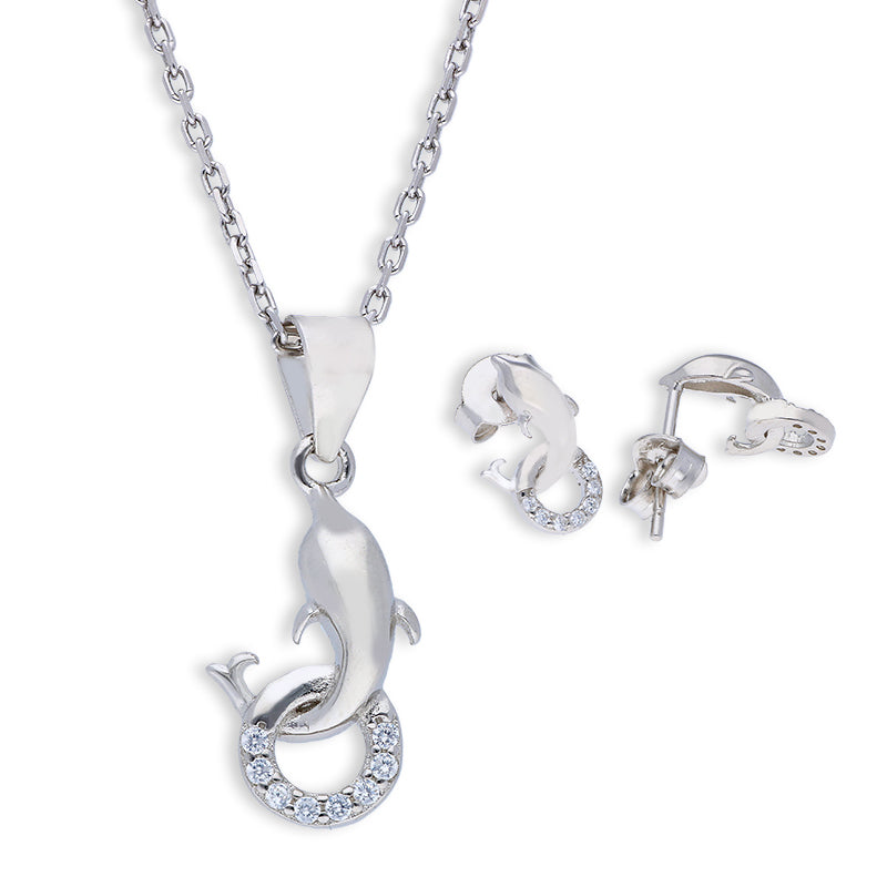 Sterling Silver 925 Dolphin Pendant Set (Necklace and Earrings) - FKJNKLSTSLU6075