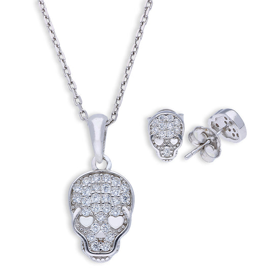 Sterling Silver 925 Skull Pendant Set (Necklace and Earrings) - FKJNKLSTSLU6076