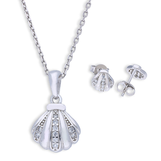 Sterling Silver 925 Shell Pendant Set (Necklace and Earrings) - FKJNKLSTSLU6077