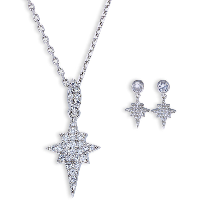 Sterling Silver 925 starburst Pendant Set (Necklace and Earrings) - FKJNKLSTSLU6078