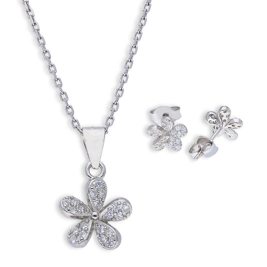 Sterling Silver 925 Flower Shaped Pendant Set (Necklace and Earrings) - FKJNKLSTSLU6079