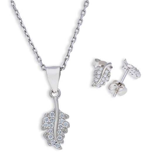 Sterling Silver 925 Leaf Shaped Pendant Set (Necklace and Earrings) - FKJNKLSTSLU6080