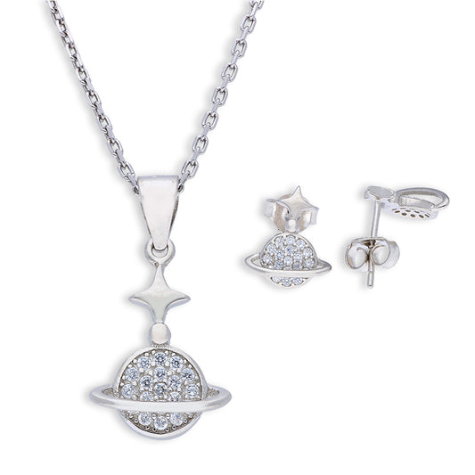 Sterling Silver 925 Saturn Shaped Pendant Set (Necklace and Earrings) - FKJNKLSTSLU6081