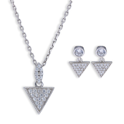 Sterling Silver 925 Triangle Shaped Pendant Set (Necklace and Earrings) - FKJNKLSTSLU6082
