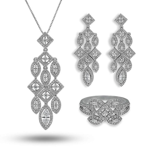 Sterling Silver 925 Pendant Set (Necklace, Earrings and Ring) - FKJNKLSTSL2285