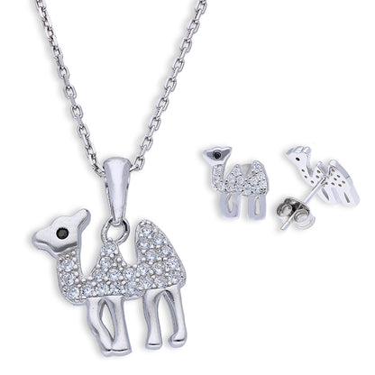 Sterling Silver 925 Camel Shaped Pendant Set (Necklace and Earrings) - FKJNKLSTSLU6084
