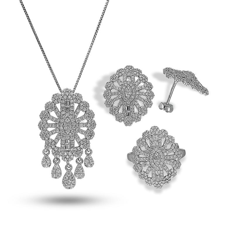 طقم قلادة من الفضة الإسترليني عيار 925 (عقد ، أقراط وخاتم) - FKJNKLSTSL2299