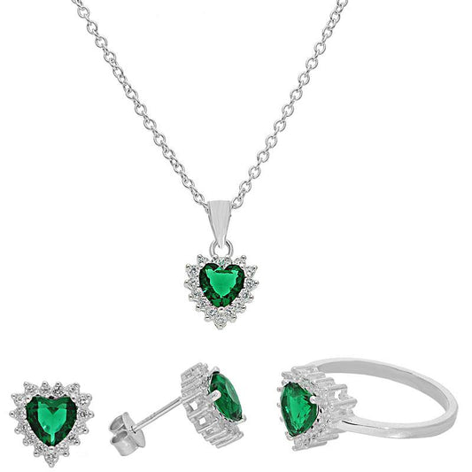 Sterling Silver 925 Heart Pendant Set (Necklace, Earrings and Ring) - FKJNKLSTSL2083