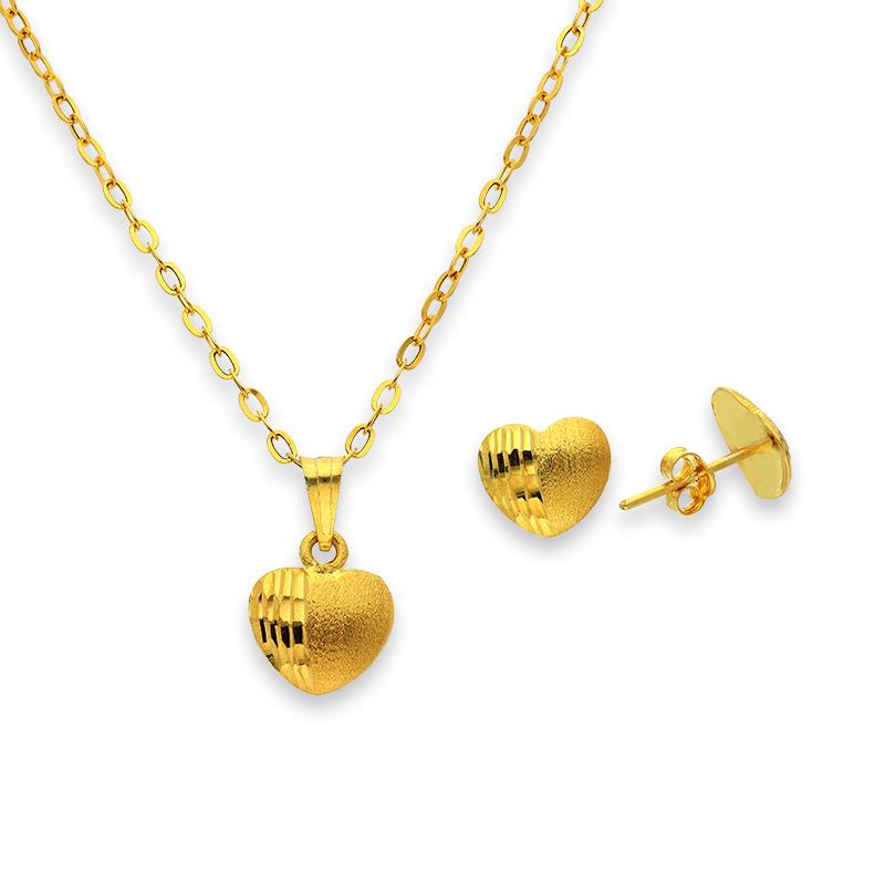 Gold Heart Shaped Pendant Set (Necklace and Earrings) 18KT - FKJNKLST18K2238