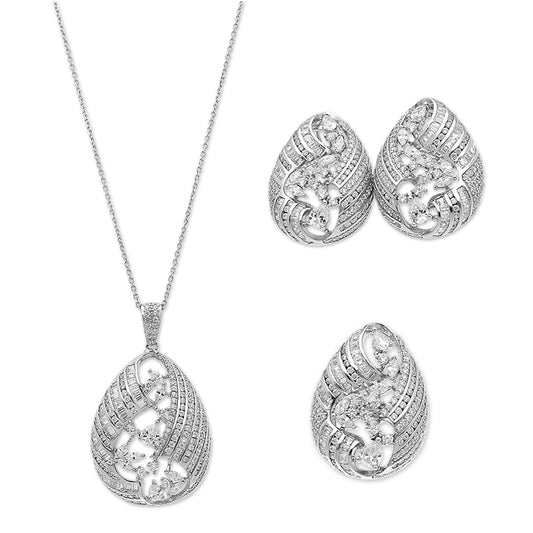 Sterling Silver 925 Leaf Shaped Pendant Set (Necklace, Earrings and Ring) - FKJNKLSTSLU2030