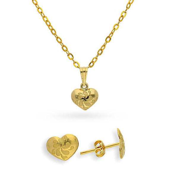 Gold Heart Pendant Set (Necklace and Earrings) 18KT - FKJNKLST18K2124