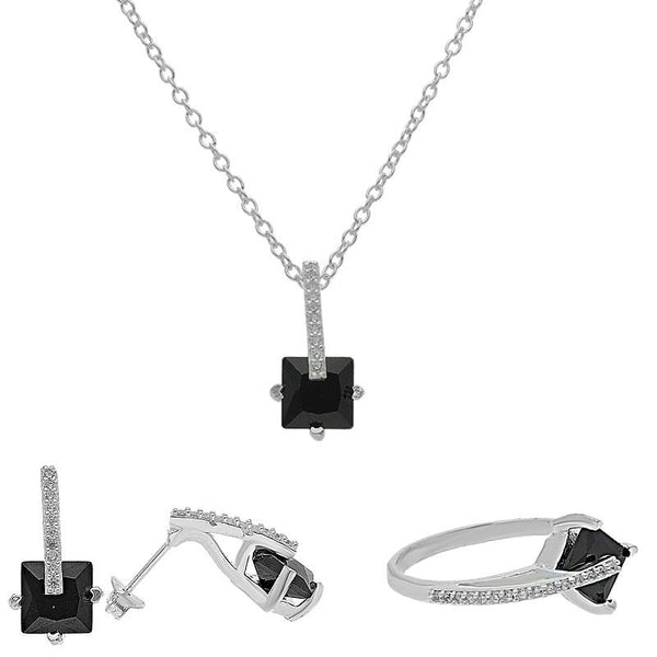 Sterling Silver 925 Princess Cut Shaped Pendant Set (Necklace, Earrings and Ring) - FKJNKLST2035