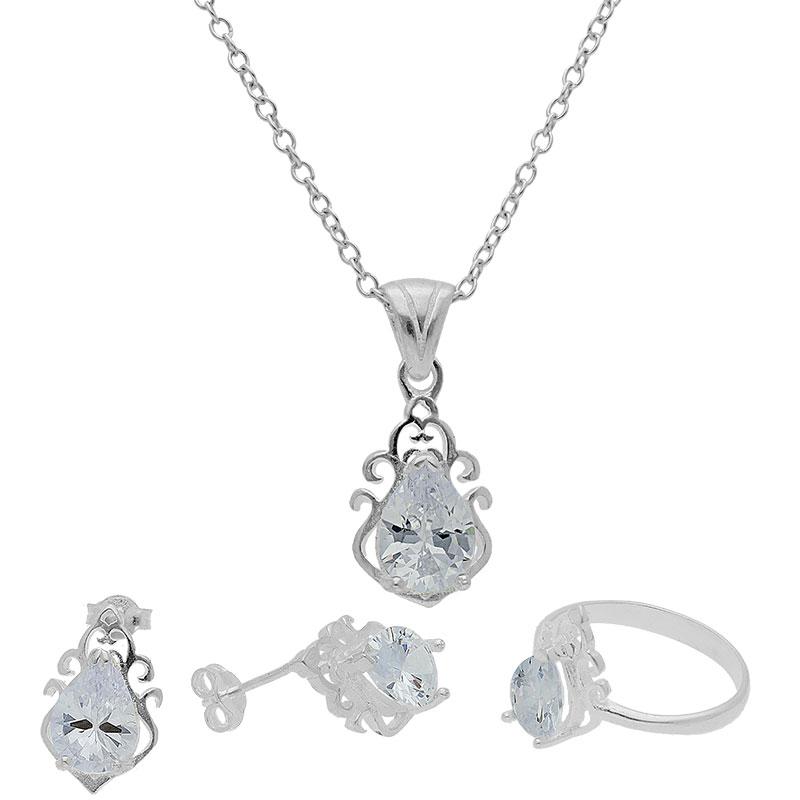 Sterling Silver 925 Solitaire Pendant Set (Necklace, Earrings and Ring) - FKJNKLST2031