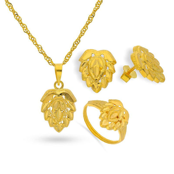 Gold Pendant Set (Necklace, Earrings and Ring) 18KT - FKJNKLST1681