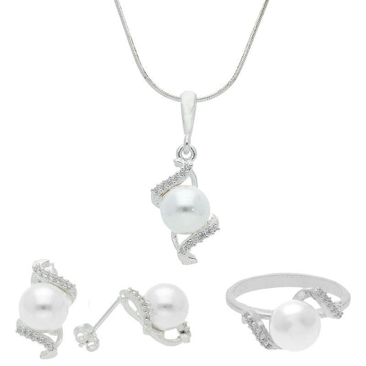 Sterling Silver 925 Spiral Shape Pearl Pendant Set (Necklace, Earrings and Ring) - FKJNKLST2018