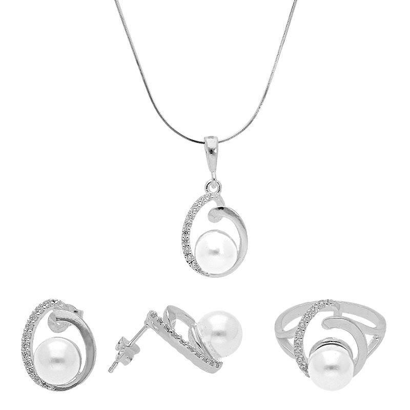 Sterling Silver 925 Pearl Pendant Set (Necklace, Earrings and Ring) - FKJNKLST2016