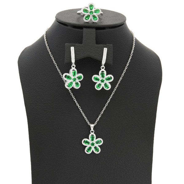 Sterling Silver 925 Flowers Pendant Set (Necklace, Earrings and Ring) - FKJNKLST2074