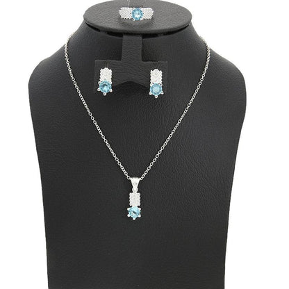 Sterling Silver 925 Aquamarine Solitaire Pendant Set (Necklace, Earrings and Ring) - FKJNKLSTSL2106