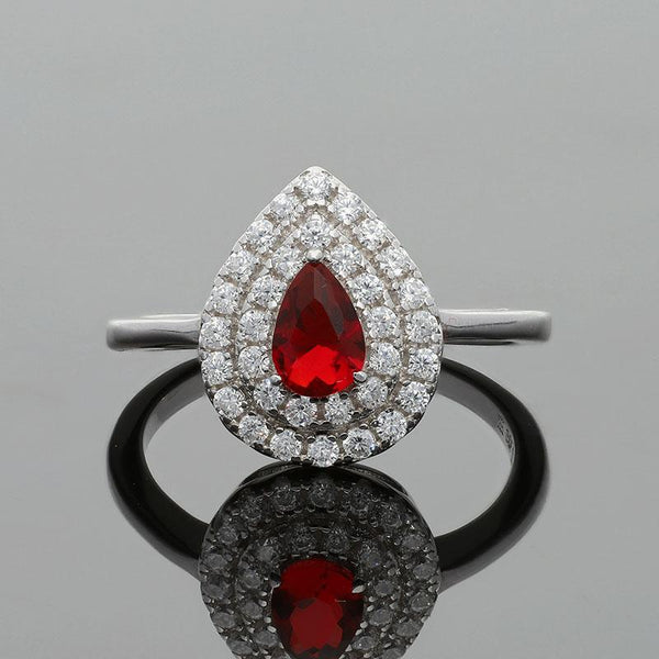 Sterling Silver 925 Pear Shaped Red Solitaire Ring - FKJRNSL2479