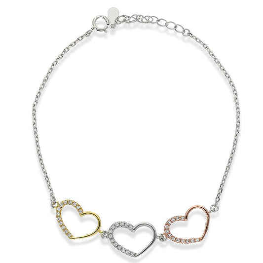 Sterling Silver 925 Tri-Tone Hearts Bracelet - FKJBRLSL2301