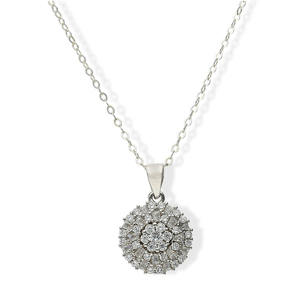 Sterling Silver 925 Round Flower Pendant Set (Necklace and Earrings) - FKJNKLSTSL2196