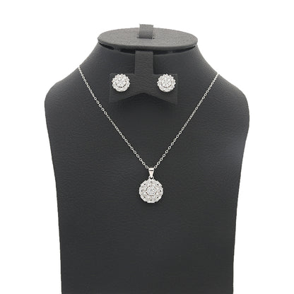Sterling Silver 925 Round Flower Pendant Set (Necklace and Earrings) - FKJNKLSTSL2196