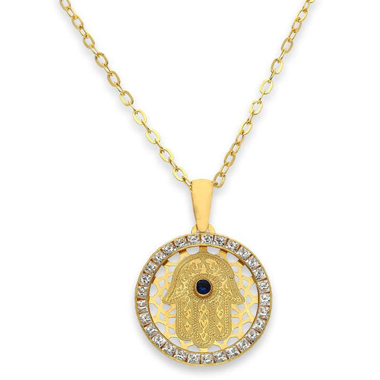 Gold Necklace (Chain with Round Shaped Hamsa Hand Pendant) 18KT - FKJNKL18K2356