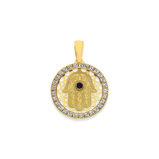 Gold Round Shaped Hamsa Hand Pendant 18KT - FKJPND18K2356