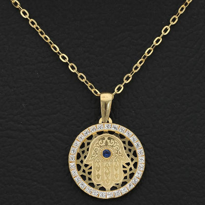 Gold Necklace (Chain with Round Shaped Hamsa Hand Pendant) 18KT - FKJNKL18K2356