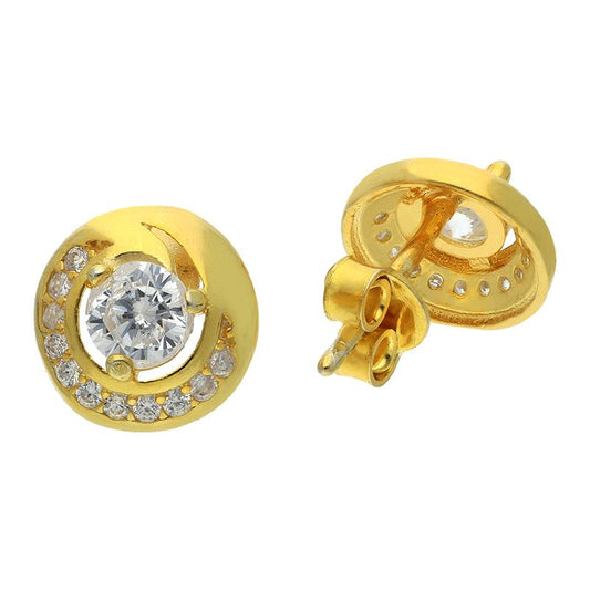 Sterling Silver 925 Gold Plated Round Shaped Solitaire Stud Earrings - FKJERNSL2491