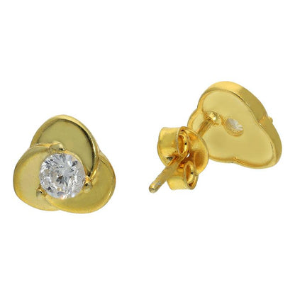 Sterling Silver 925 Gold Plated Flower Shaped Solitaire Stud Earrings - FKJERNSL2493