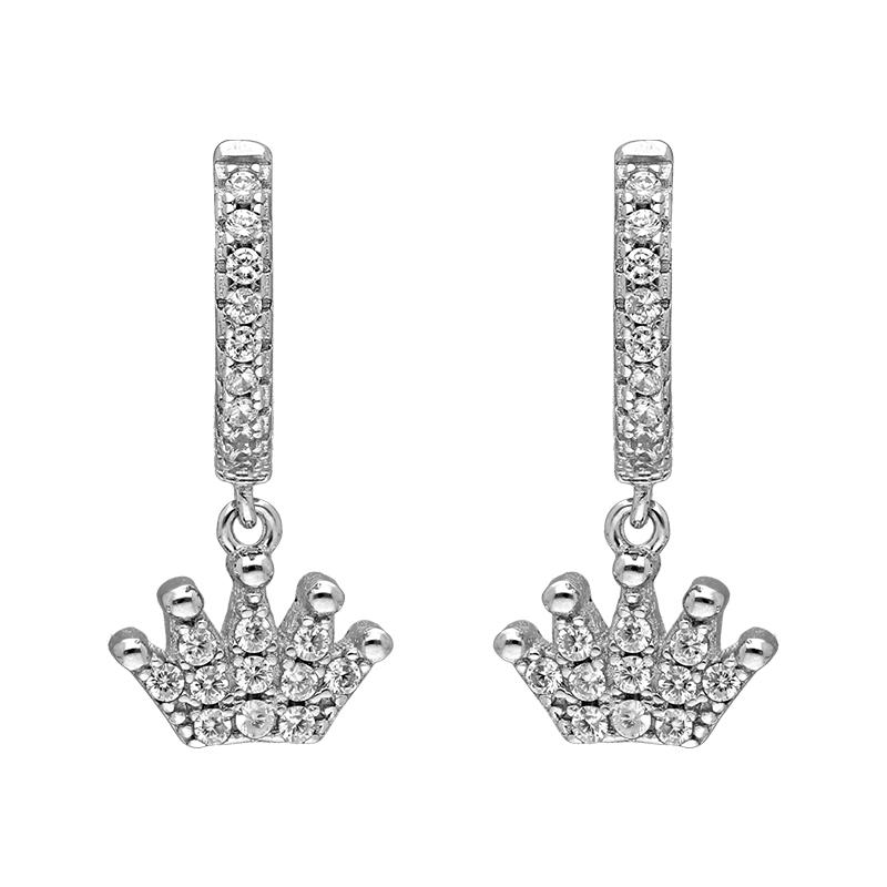 Sterling Silver 925 Crown Shaped Drop Earrings - FKJERNSL2482