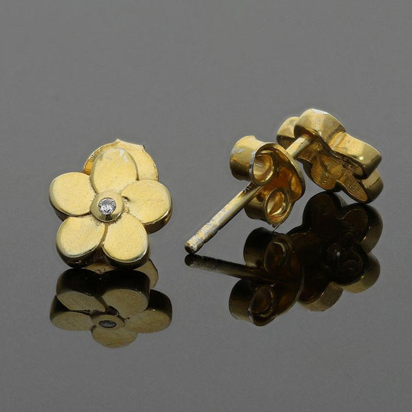 Sterling Silver 925 Gold Plated Flower Shaped Solitaire Stud Earrings - FKJERNSL2500