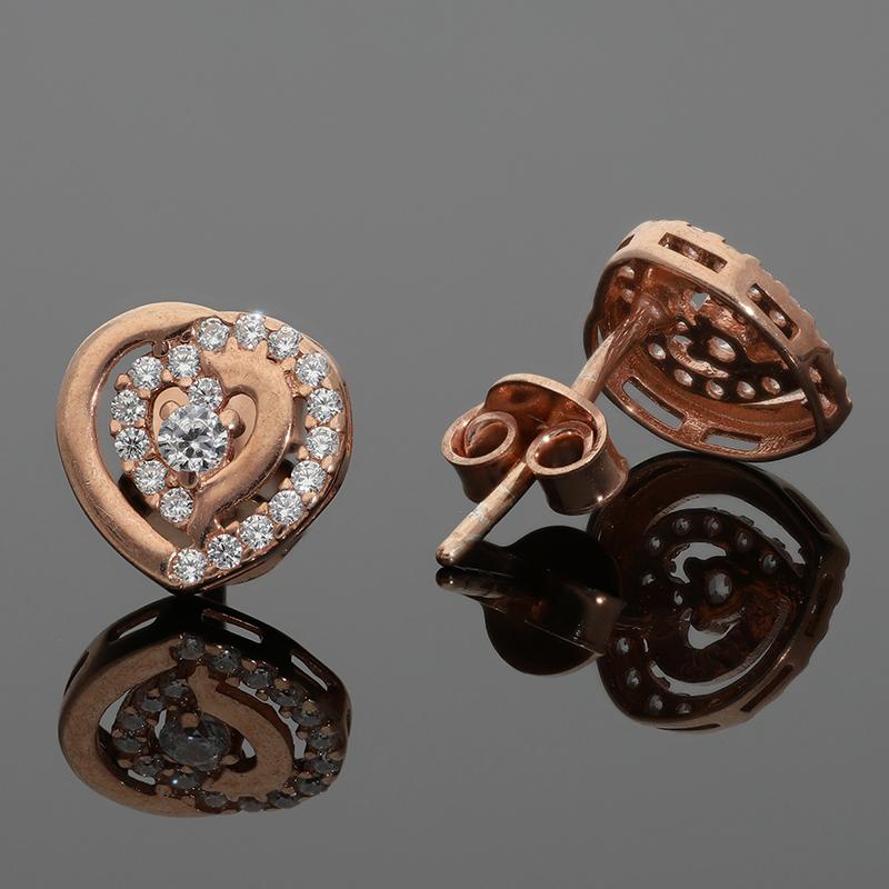 Sterling Silver 925 Rose Gold Plated Heart with Solitaires Stud Earrings - FKJERNSL2522