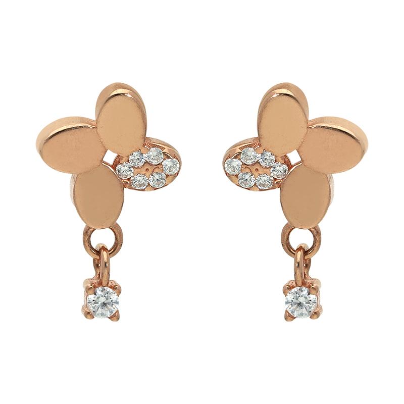 Sterling Silver 925 Rose Gold Plated Flower with Hanging Solitaire Drop Earrings - FKJERNSL2520