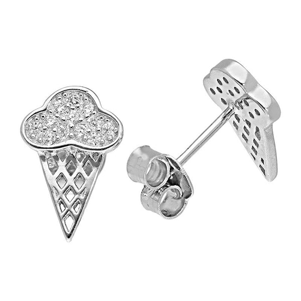 Sterling Silver 925 Ice Cream Cone Shaped Stud Earrings - FKJERNSL2532