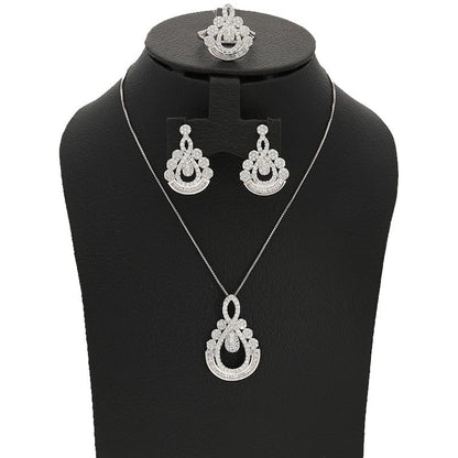 Sterling Silver 925 Pear Shaped Pendant Set (Necklace, Earrings and Ring) - FKJNKLSTSL2284