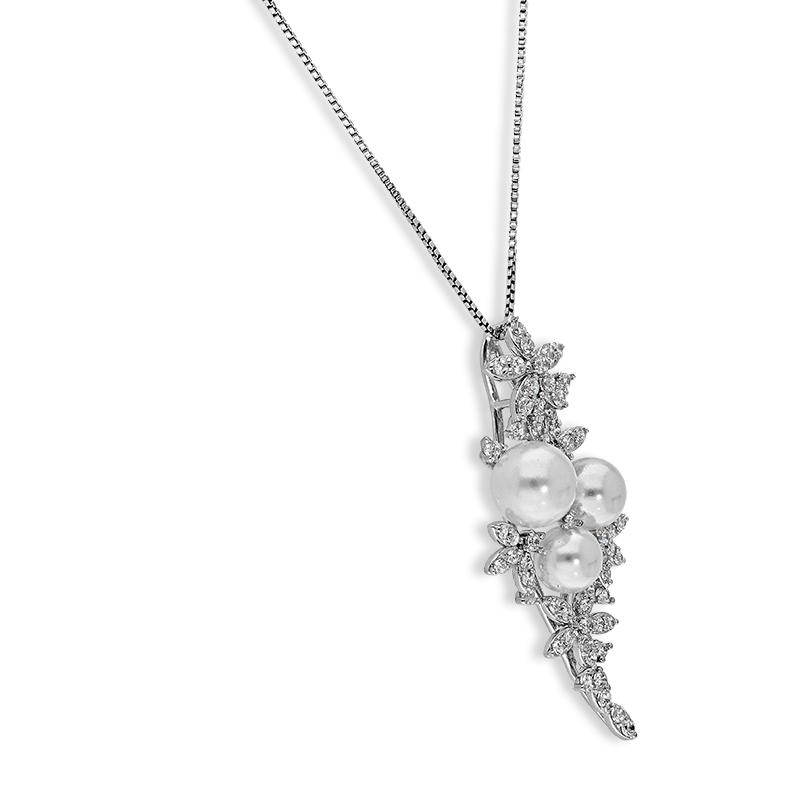 Sterling Silver 925 Flowers and Pearls Pendant Set (Necklace, Earrings and Ring) - FKJNKLSTSL2292