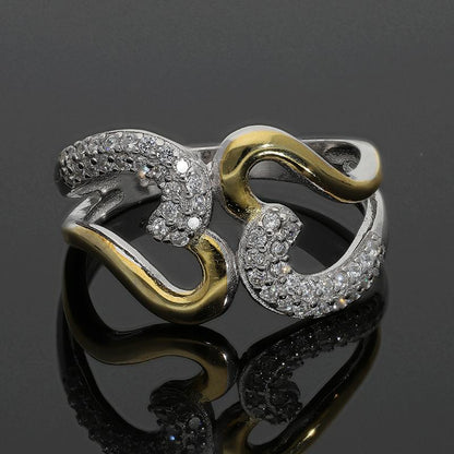 Dual Tone Sterling Silver 925 Twin Hearts Ring - FKJRNSL2994