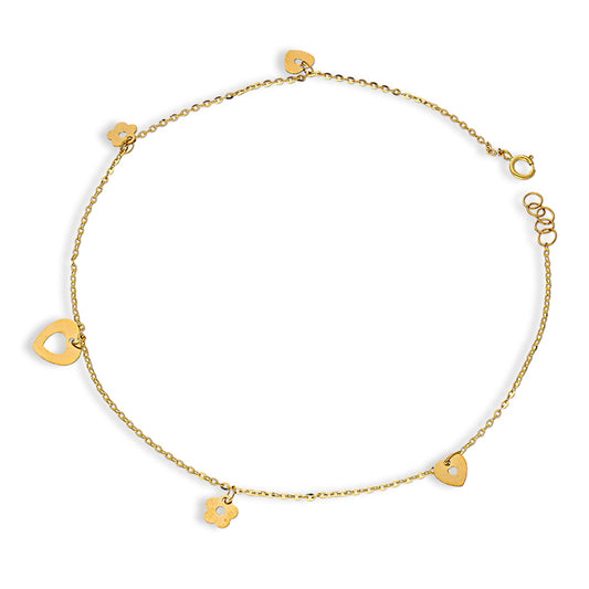 Gold Hanging Hearts and Flowers Anklet 18KT - FKJANKL18KU5006