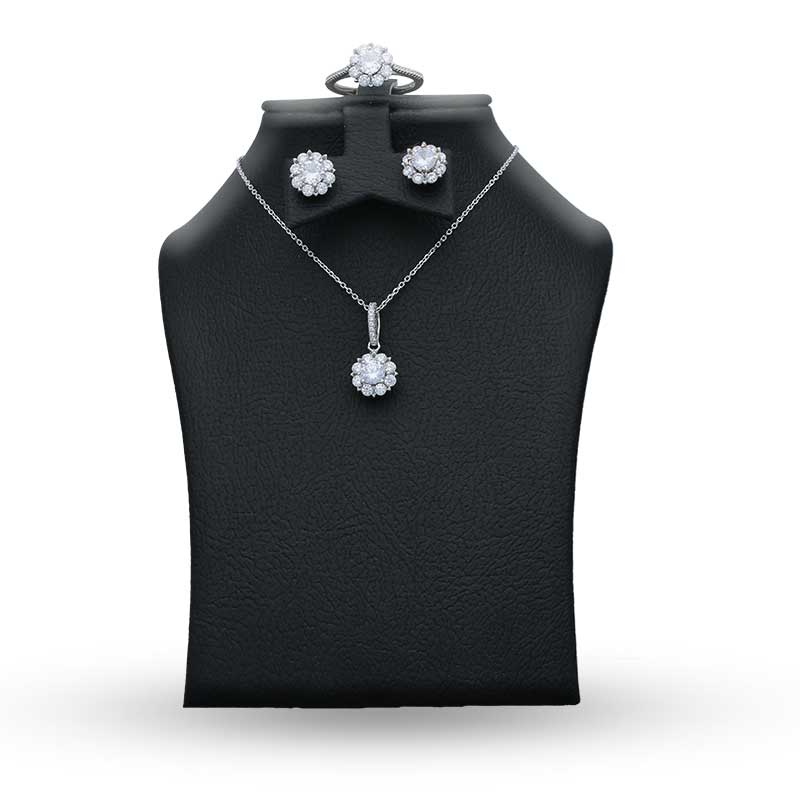 Sterling Silver 925 Flower Pendant Set (Necklace, Earrings and Ring) - FKJNKLSTSLU2023