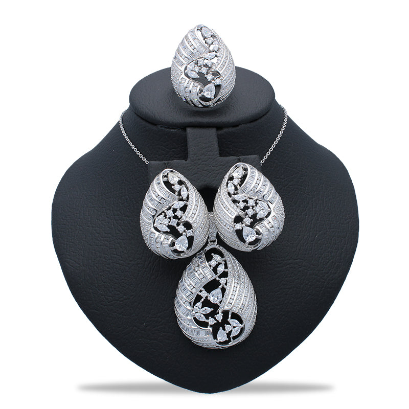 Sterling Silver 925 Leaf Shaped Pendant Set (Necklace, Earrings and Ring) - FKJNKLSTSLU2030